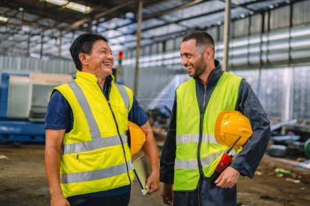 Warehouse workers in yellow hard hats, smiling and ensuring safety, exemplify a vibrant industrial atmosphere
