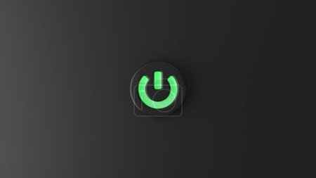 Schwarzer Hintergrund mit leuchtender grüner Power-Taste. 3D gerendertes Bild