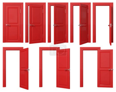 Red doors set with silver handle. Front view opened and closed door. 3D rendered image