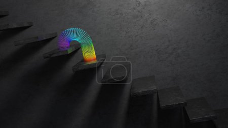 Arco iris slinky juguete en las escaleras negras en habitación oscura. Renderizado 3D