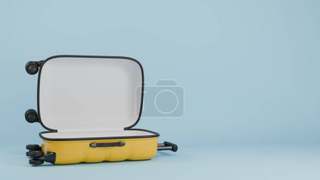 Téléchargez les photos : Valise de voyage jaune ouverte couchée sur le sol sur un fond bleu. rendu 3D - en image libre de droit