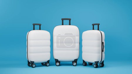 Téléchargez les photos : Trois valises blanches sur fond bleu. Petites et grandes caisses avec bagages. rendu 3D - en image libre de droit