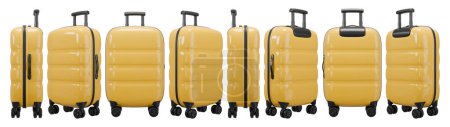 Téléchargez les photos : Valise de voyage isolée jaune fermée dans différentes positions. rendu 3D - en image libre de droit