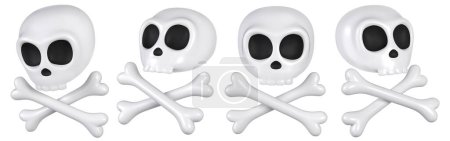 Zeichentrickserie weißer Totenköpfe mit Kreuzknochen. Halloween-Design. 3D-Rendering