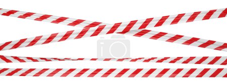 Téléchargez les photos : Ruban d'avertissement croisé isolé avec des rayures rouges et blanches. Ruban de prudence tendu et tordu - en image libre de droit