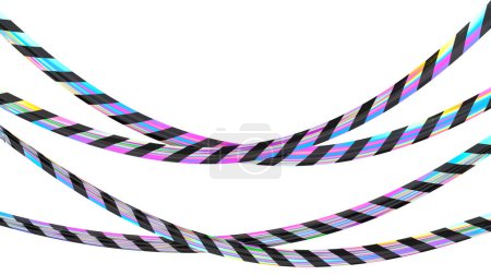 Iridescent crossed hanging warning tape with yellow and black stripes. Isolated caution ribbon