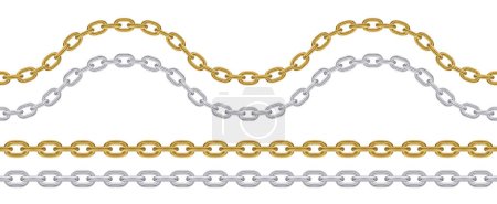 Metallic silver and gold chain. Realistic vector seamless wavy and straight chains
