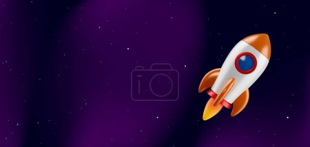 Téléchargez les illustrations : Fusée vectorielle de dessin animé sur fond d'espace sombre. Vaisseau spatial volant avec flamme du moteur - en licence libre de droit