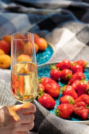 Erdbeeren auf dem Teller mit einem Glas Champagner oder Weißwein beim Picknick. Luxus-Lifestyle, Reisekonzept. Glas zum Anstoßen in die Hand genommen. Reife Beeren. Weinprobe. Weingarten. Sommerfrüchte. Ästhetik