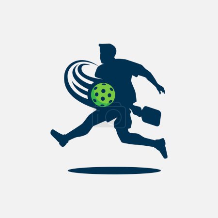 Vektorgrafik einer männlichen Pickleball-Spielersilhouette und eines dynamischen beweglichen Balls für Werbung, Logo, Banner, Social-Media-Beiträge usw..
