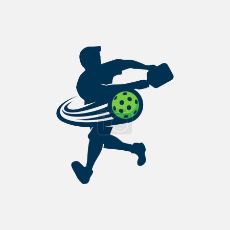 Vektorgrafik einer männlichen Pickleball-Spielersilhouette und eines dynamischen beweglichen Balls für Werbung, Logo, Banner, Social-Media-Beiträge usw..