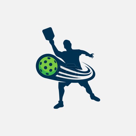 Illustration for Vector graphic of a male pickleball player silhouette and a dynamic moving ball for advertising, logo, banner, social media post, etc - Royalty Free Image