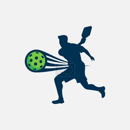 Illustration for Vector graphic of a male pickleball player silhouette and a dynamic moving ball for advertising, logo, banner, social media post, etc. - Royalty Free Image