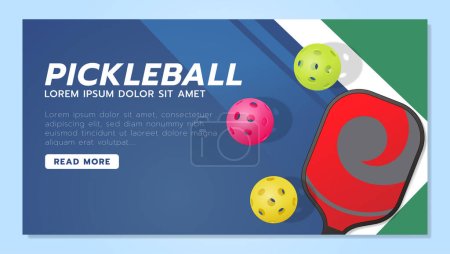 Illustration for Pickleball banner template with a paddle and 3 balls. - Royalty Free Image