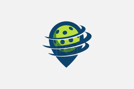 Pickleball-Logo mit einer Kombination aus beweglichem Ball, Stift und drei Swooshes für jedes Geschäft.