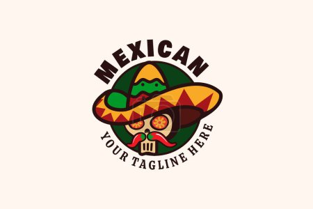 mexican restaurant logo with a combination of a skull, sombrero hat, and herbs in a circle shape.