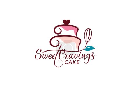 logotipo de pastel de antojos dulces con una combinación de pastel, batidor, hoja y letras hermosas para cafés, restaurantes, panaderías, etc..