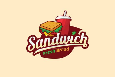 Téléchargez les illustrations : Logo sandwich avec un concept de pain frais à partir d'une combinaison d'un sandwich burger, boisson, beau lettrage, et une silhouette de feuille comme arrière-plan et le point de la lettre i. - en licence libre de droit