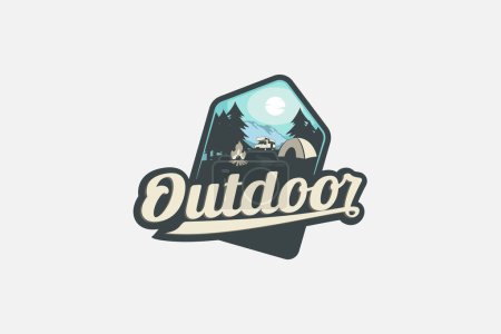 logo de location en plein air avec une combinaison de montagnes, tente, camping-car, forêt de pins et feu de camp.