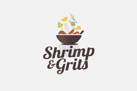 Shrimp and Grits Logo mit einer Kombination aus einer Schüssel, Garnelen, Gewürzen und schönen Schriftzügen. Dieses Logo ist für Foodtrucks, Restaurants, Cafés usw. geeignet.