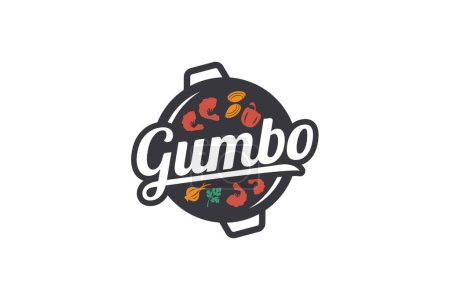gumbo logo with a combination of gumbo dishes featuring shrimp, peppers, onions, celery, clams with beautiful lettering. This logo is suitable for restaurants, food trucks, cafes, etc.