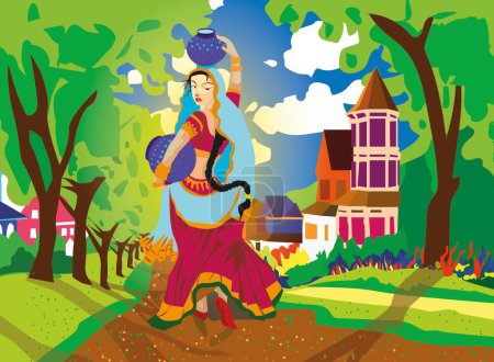 belle femme de village indien porte pot d'eau sur sa tête