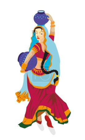 schöne indische Dorffrau trägt Wassertopf auf dem Kopf