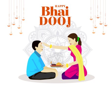 Cheerful Sister Applying Tilak Or Mark To Forehead Of Her Brother On Brown Background For Happy Bhai Dooj Festival.