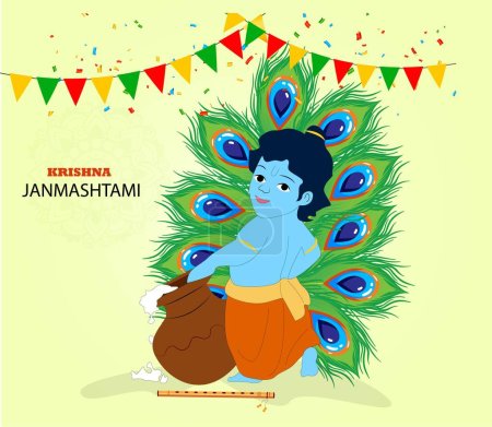 Glücklicher Krishna Janmashtami Verkauf. Der kleine Lord Krishna sitzt mit Flöte und Topf. Glückliches Janmaschtami-Fest in Indien.