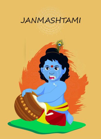 Glücklicher Krishna Janmashtami Verkauf. Der kleine Lord Krishna sitzt mit Flöte und Topf. Glückliches Janmaschtami-Fest in Indien.