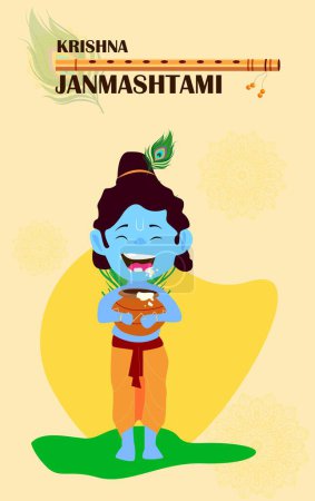 Téléchargez les photos : Joyeux Krishna Janmashtami vente. Petit Seigneur Krishna assis avec flûte et pot. Joyeuse fête Janmashtami de l'Inde. - en image libre de droit