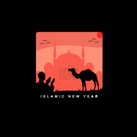Ilustración de Feliz año nuevo islámico con mezquita de silueta 
