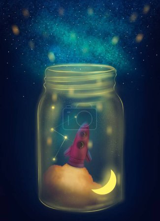 Photo for Space rocket in jar of light universe constellation stars. Children flat illustration poster decoration science physics spaceship exploring moon. colorful background wallpaper. kids ufo fantasy scifi - Royalty Free Image
