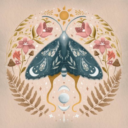 Moon Moth illustration fougère et fleurs Mystique symétrique dessin à la main papillon avec des fleurs folkloriques, feuilles étoiles de lune éléments célestes sur fond rose clair Pour imprimer chemises sacs décor maison boho