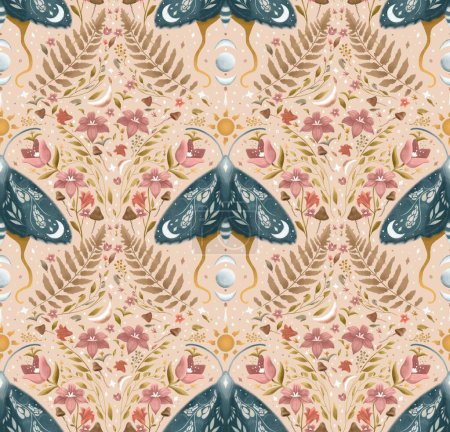 Seamless pattern texture endless Moon Moth illustration fern and flowers Mystic Symmetric hand drawing butterfly with folk florals, leaves moon stars celestial elements on light pink background 