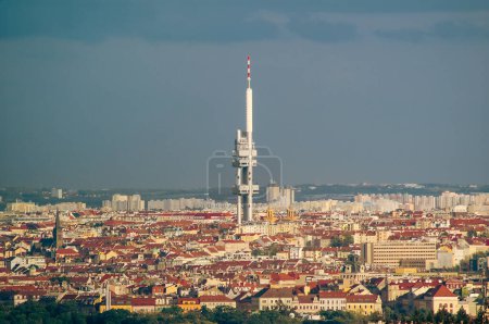 city Prague, Czechia panoramatic view with ikov television tower landscape on a cloudy day with the famous Zizkov bird aerial view whole city central europe  czech republic Cityscape capital travel 