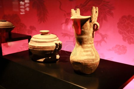 Photo for Alicante, Spain- April 14, 2023: Ceramic vessels with pigments at Terracota Army exhibition in the Archaeological Museum of Alicante - Royalty Free Image