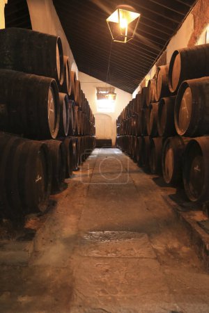 Téléchargez les photos : Sanlucar de Barrameda, Cadix, Espagne- 2 octobre 2023 : Cave traditionnelle à vin manzanilla à Sanlucar de Barrameda - en image libre de droit