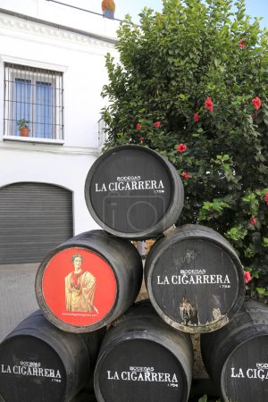 Foto de Sanlúcar de Barrameda, Cádiz, España- 2 de octubre de 2023: Barricas tradicionales de vino de manzanilla de la bodega Las Cigarreras en Sanlúcar de Barrameda - Imagen libre de derechos