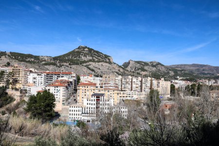 Panoramic view of Alcoy city and Sierra de Mariola in the backgroun on a sunny day
