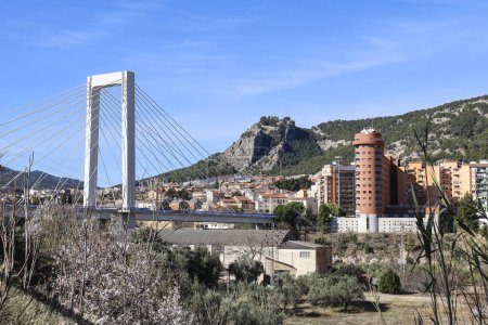 Panoramic view of Alcoy city and Fernando Reig cable-stayed bridge on a sunny day