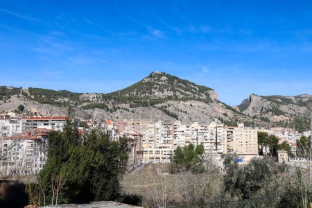 Panoramic view of Alcoy city and Sierra de Mariola in the backgroun on a sunny day