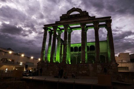 Photo for Merida, Extremadura, Spain- October 23, 2023: Roman Temple of Diana at night in Merida city - Royalty Free Image