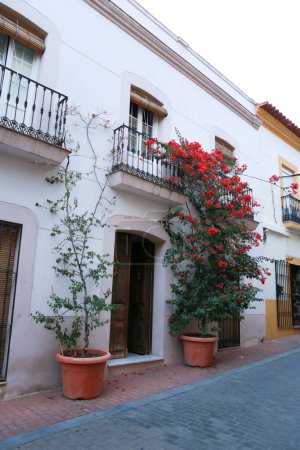 Típica calle estrecha y hermosa casa encalada en la ciudad de Mérida, Extremadura