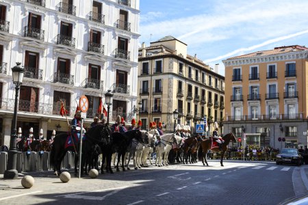 Photo for Madrid, Spain- April 8, 2024: Cuirassiers of the Royal Guard in traditional uniform through the streets of Madrid city, Spain - Royalty Free Image