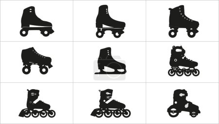 Iconos o patines vectoriales, patines y patines en línea para diseñadores 
