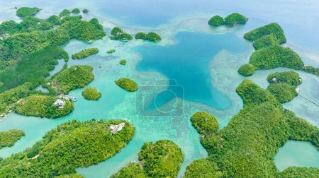 Dron aéreo de islas en el agua turquesa de la laguna. Paisaje marino en los trópicos. Sipalay, Negros, Filipinas.