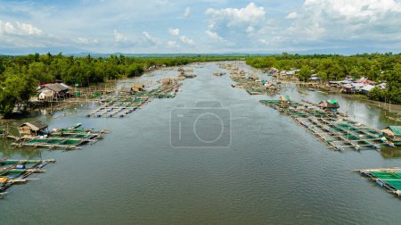 Téléchargez les photos : Vue aérienne de la ferme piscicole sur la rivière et d'un village avec pêcheurs. Rivière Hinigaran. Negros, Philippines - en image libre de droit