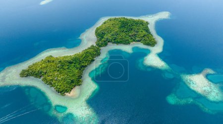 Tropical island and coral atoll with turquoise water. Seascape in the tropics. Borneo, Sabah, Malaysia.