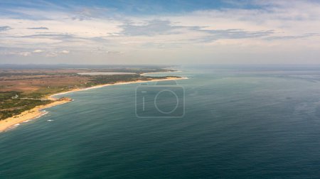 Photo for Aerial drone of coastline of Sri Lanka island with a beach and ocean. Tropical vegetation and agricultural land. - Royalty Free Image